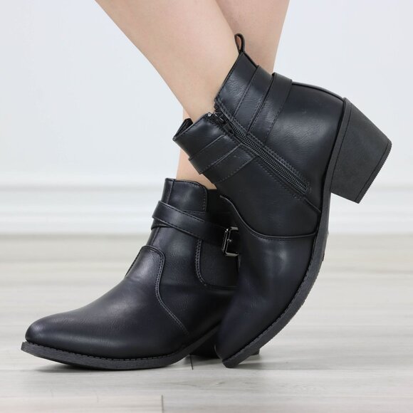 Womens Ankle Boots Low Block Heel Brown Synthetic Leather Pointed Toe Buckles - Picture 4 of 11